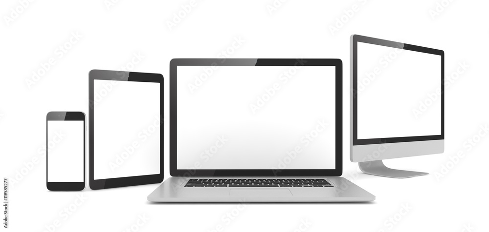 Responsive web design, laptop, smartphone, tablet, computer, display. 3d rendering. Responsive web design, laptop, smartphone, tablet, computer, display. 3d rendering.