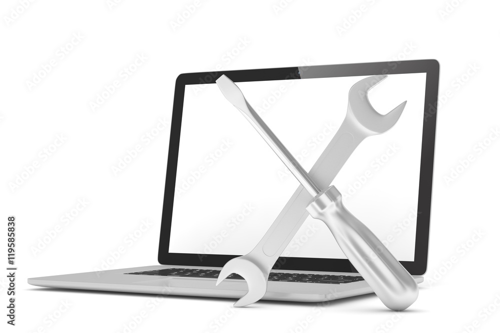 3D Illustration Wrench and screwdriver on laptop, service concept 3D Illustration Wrench and screwdriver on laptop, service concept