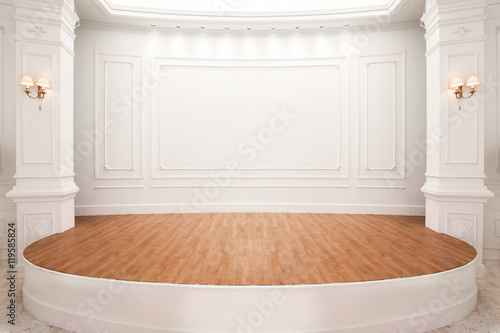 Stage of auditorium with wooden floor. photo