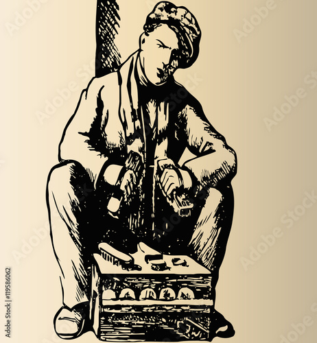 black and white sketch of a young boy shoeshine at work on  light background