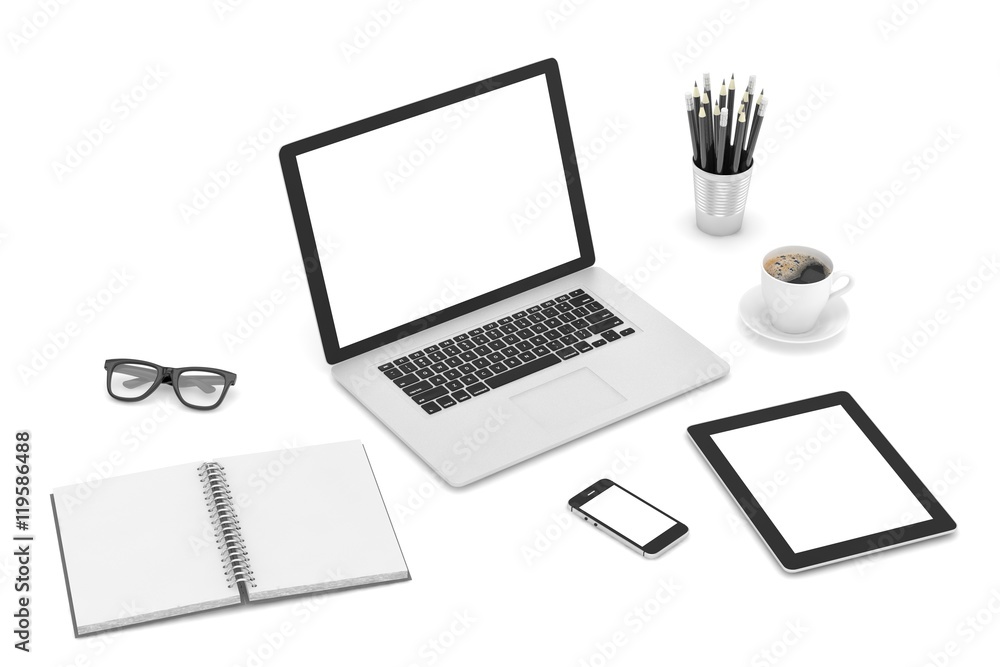 Responsive mockup screens. Laptop, tablet, phone on table. 3d rendering. Responsive mockup screens. Laptop, tablet, phone on table. 3d rendering.