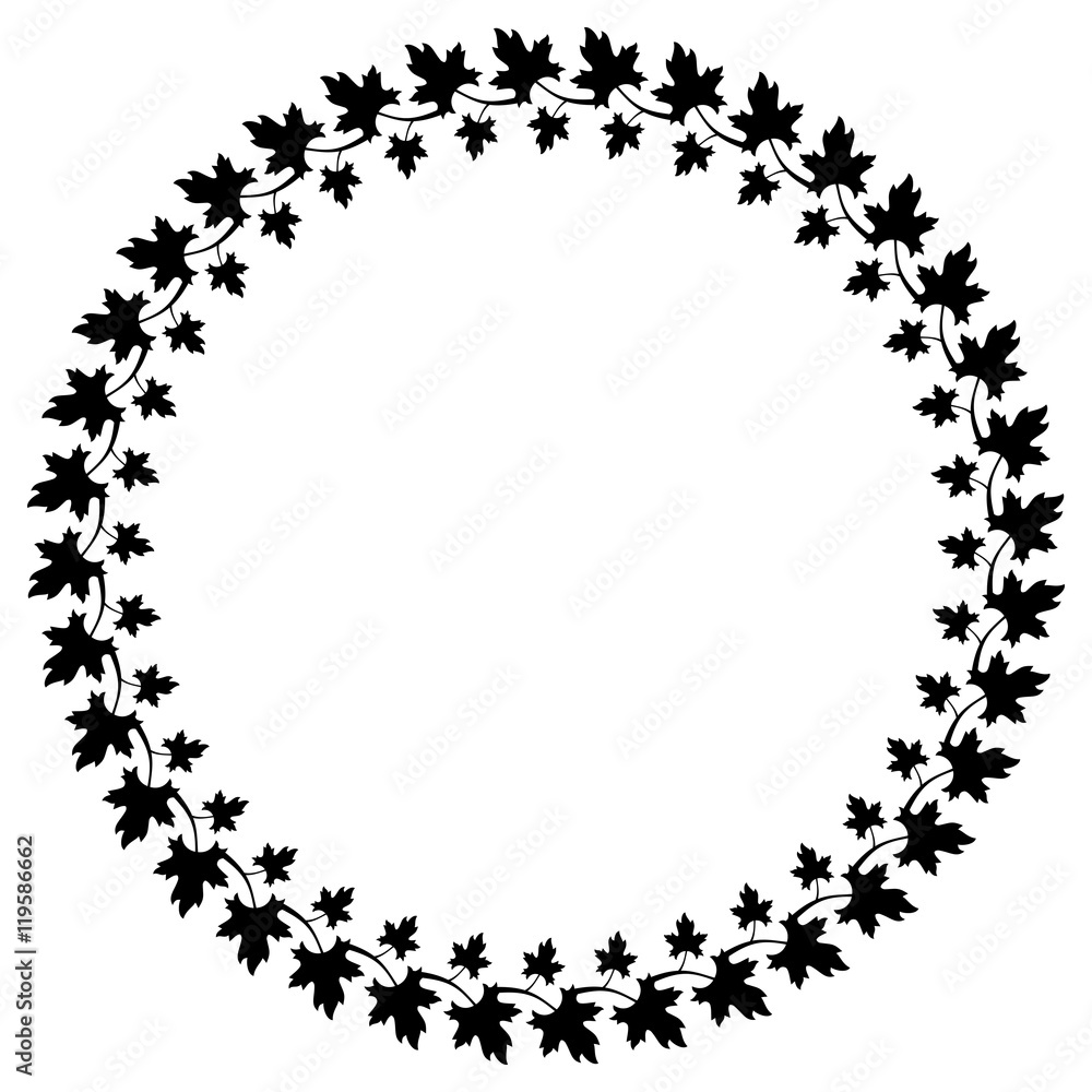 Black and white decorative round frame with maple leaves silhouettes. Vector clip art. Black and white decorative round frame with maple leaves silhouettes. Vector clip art.