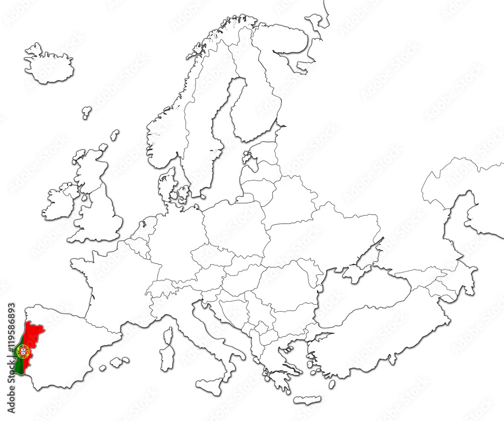 Obraz premium The national Portugal flag in the map of Europe isolated on white background.
