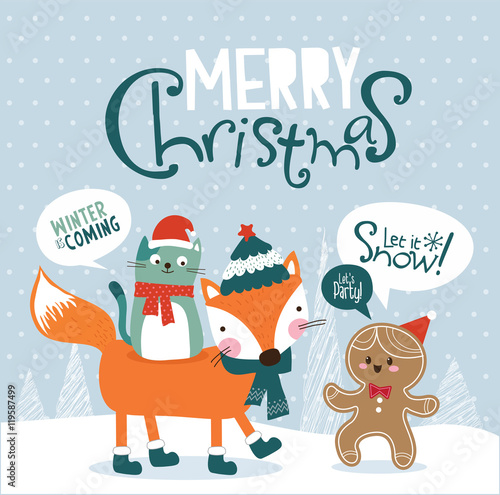 Christmas card. Little fox  cat and gingerbread man.