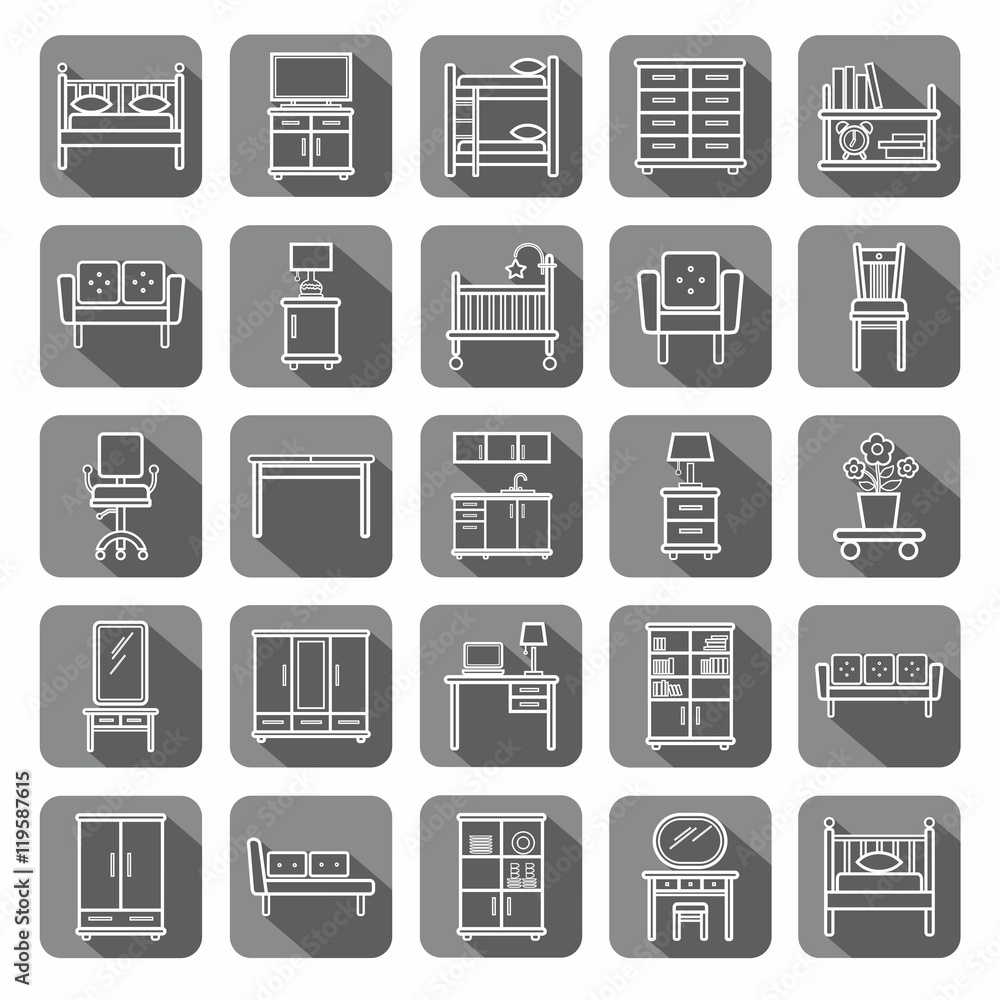 Furniture, icons, monochrome, gray, contour. Vector contour icons for furniture. White image on a gray background with shadow. 