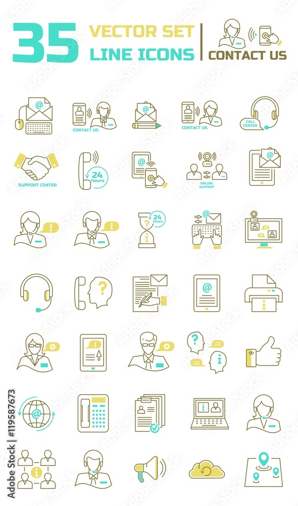 Set vector line icons in flat design with support center elements for mobile concepts and web apps. Collection modern infographic logo and pictogram.