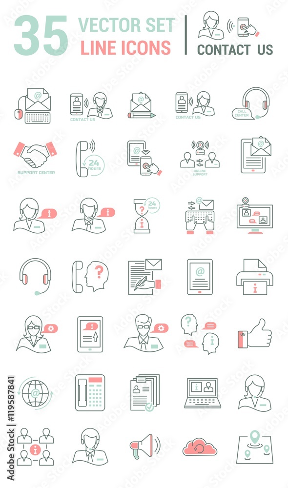 Set vector line icons in flat design with support center element Set vector line icons in flat design with support center element