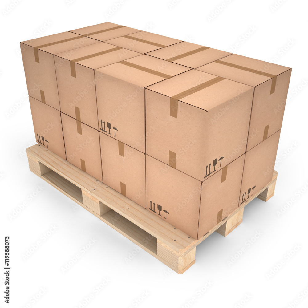 Cardboard boxes on wooden pallet (3d illustration) Cardboard boxes on wooden pallet (3d illustration)