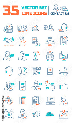 Set vector line icons in flat design with support center elements for mobile concepts and web apps. Collection modern infographic logo and pictogram.