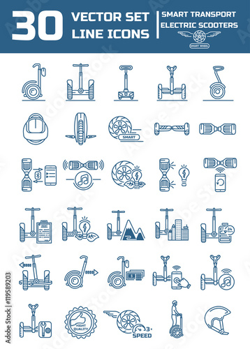 Set of linear icons on the topic of the smart eco transport. Mod