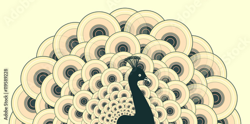 stylized peacock with an open tail in a sepia color palette