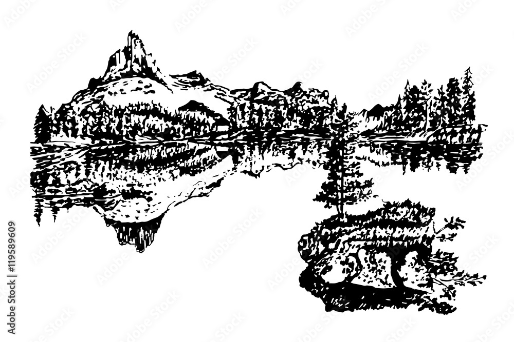 picture landscape, island and forest on a beautiful mountain lake, sketch hand drawn vector illustration picture landscape, island and forest on a beautiful mountain lake, sketch hand drawn vector illustration
