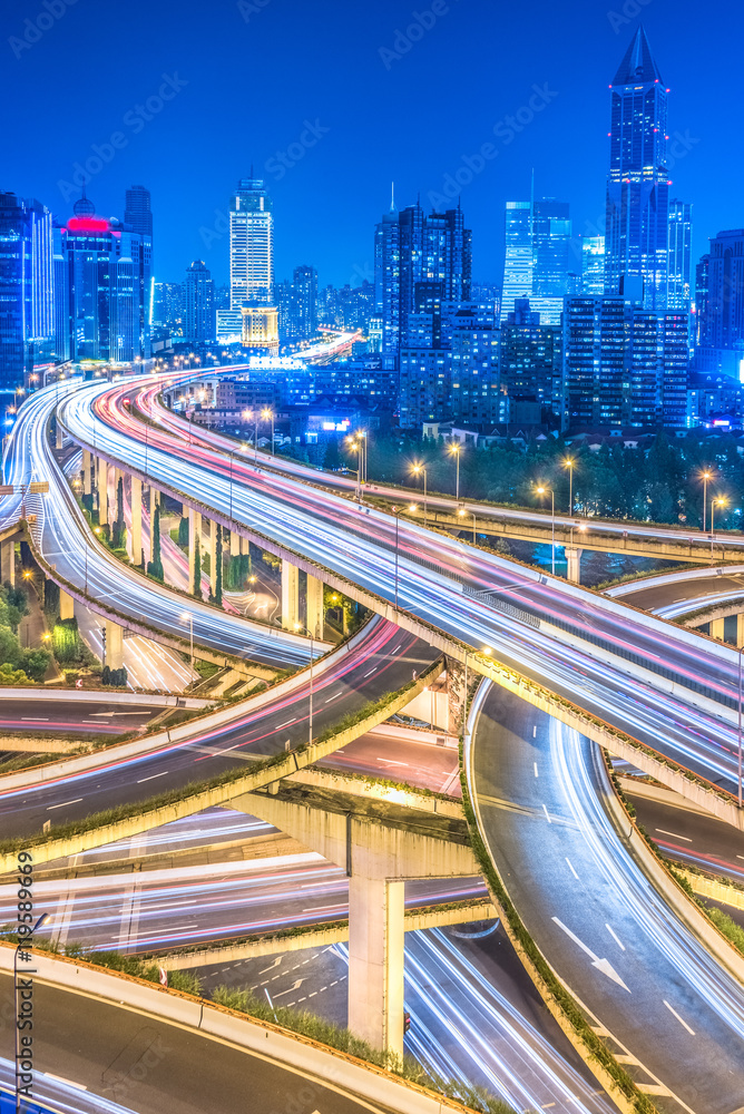 Naklejka premium Aerial View of Shanghai overpass at Night
