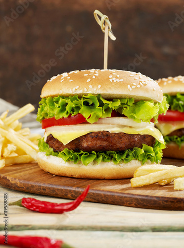 Classic burger with fries and peppers