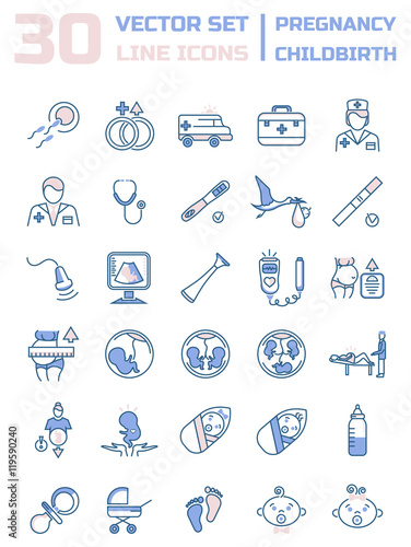 Set of icons in linear style on the subject of pregnancy and chi