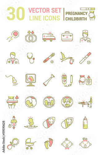 Set of icons in linear style on the subject of pregnancy and chi