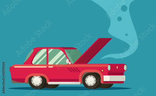 Broken car. Road accident. Car with open hood.