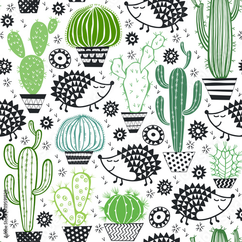 Hedgehogs & cactus. Seamless vector pattern.