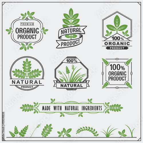 Collection of Organic food labels and design elements.