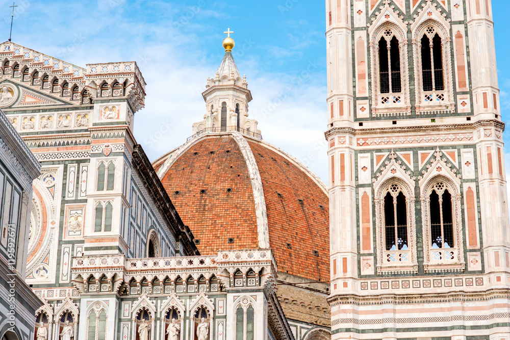 Famous Santa Maria del Fiore cathedral church in Florence. Close-up view from below
