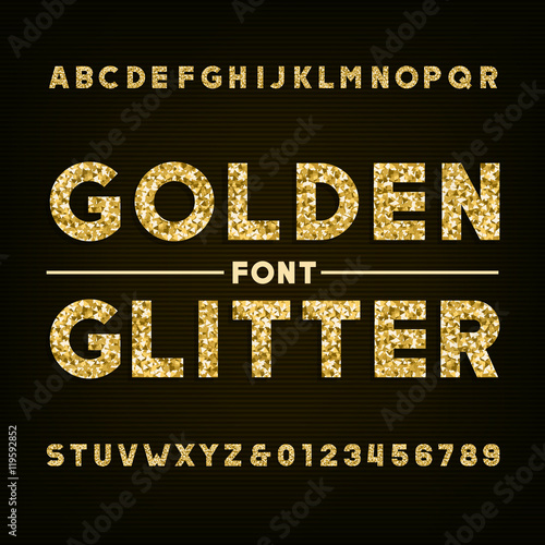 Golden glitter alphabet font. Bold letters and numbers. Stock vector typography for your design.