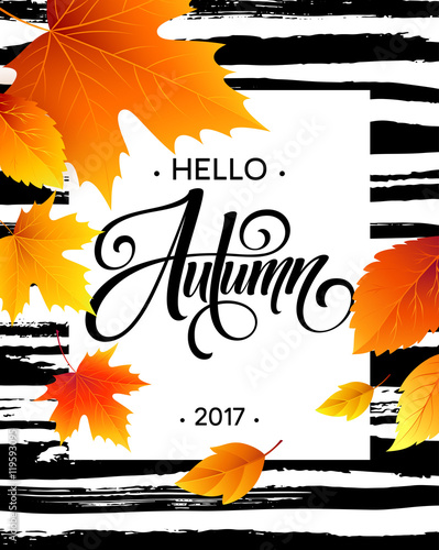 Hello, Autumn. The trend calligraphy. Background of Fall leaves. Concept leaflet, flyer, poster advertising. Vector illustration