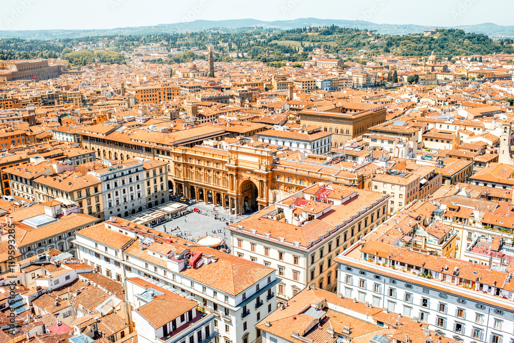 Top view on Republic square with Arcone palace in Florence