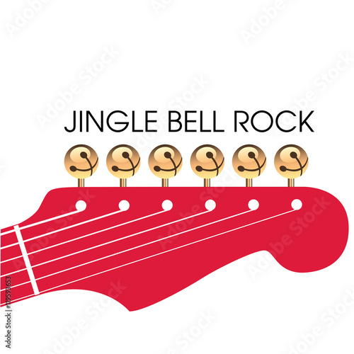 Jingle bell rock is depicted with jingle bells as tuners on a guitar headstock in this Christmas scene