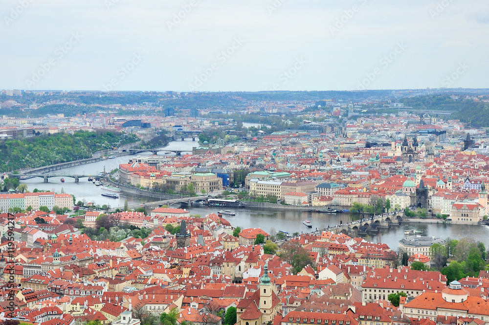 view of Charles Bridge over Vltava river and Old city from Petri