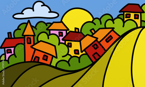 drawing with colored houses