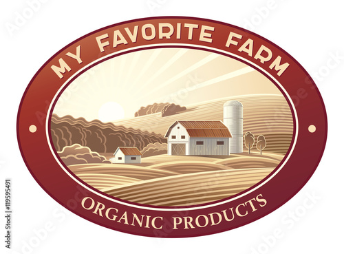 Rural landscape with farm in the frame, a graphic design element