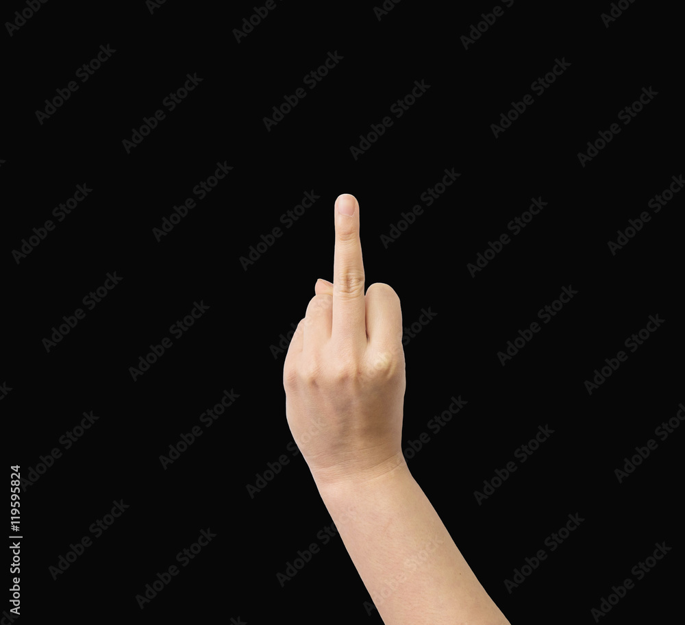 Closeup action of asian woman raise a middle finger isolated on black background with clipping path Closeup action of asian woman raise a middle finger isolated on black background with clipping path