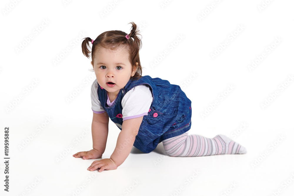 Baby one year creeps on a white background Baby one year creeps on a white background