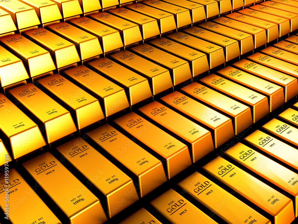 Gold ingots, perfectly organized, representing wealth and business goal Gold ingots, perfectly organized, representing wealth and business goal