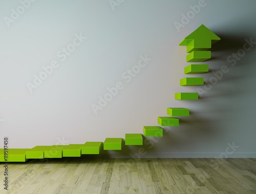 3D green arow on white wall pointing up  while rowing exponentialy