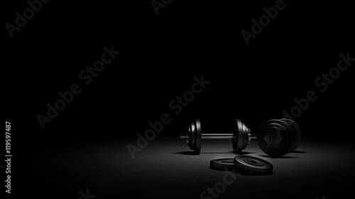 Fototapeta Ciężarki siłowni pod silnym dramatyczne oświetlenie, renderowania 3D ciężarów siłowni