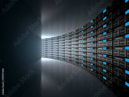 Server room represented by several server racks with strong dramatic light.