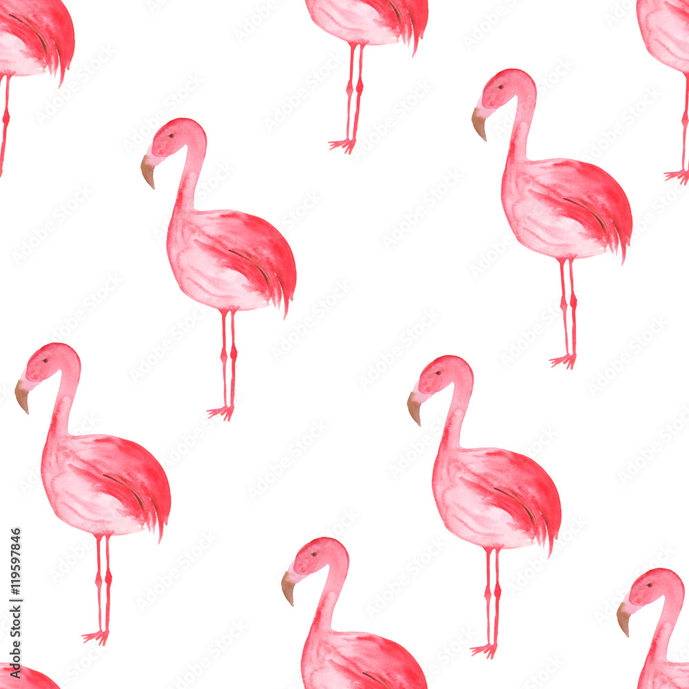 Naklejka premium Watercolor tropical seamless pattern with pink flamingoes