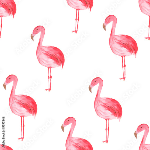 Watercolor tropical seamless pattern with pink flamingoes © lisagerrard99
