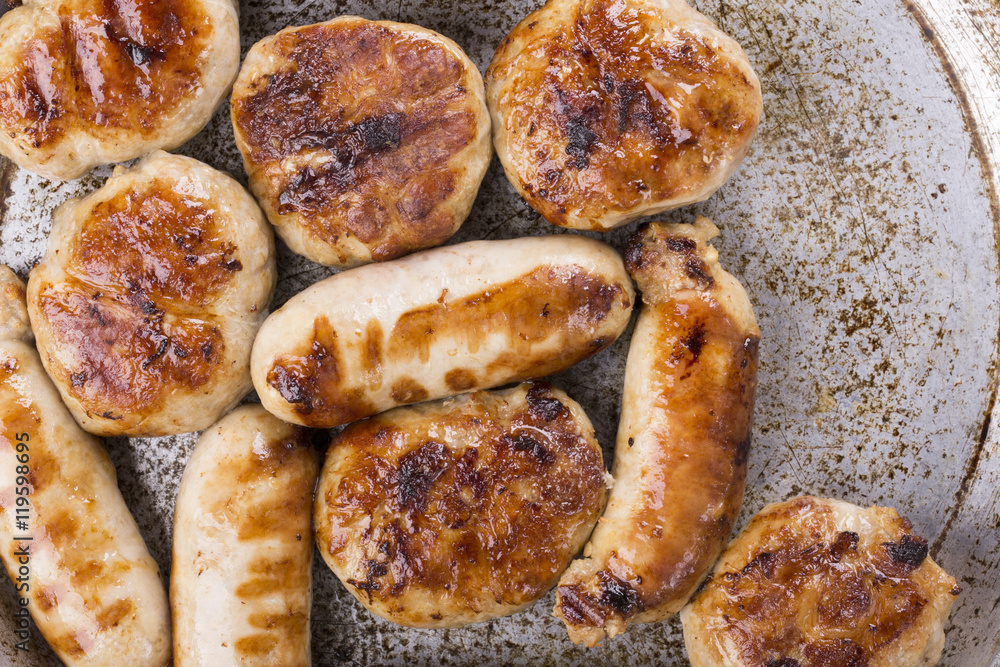 Grilled chicken sausages and burgers.