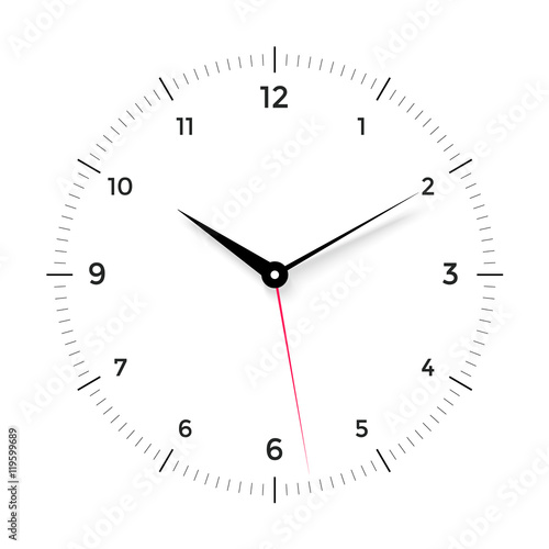 White clock face with black and red pointer on white background