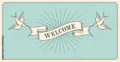 Invitation with word Welcome, old vintage ribbon banners in engraving style