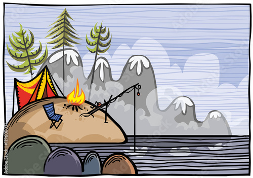 Outdoor fishing illustration. Color version.