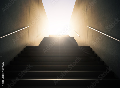 Staircase to success.. 3D render of a staircase, looking up the way against the sunset, strong lighting and contrast, representing hope, business prosperity and light at the end of the tunnel