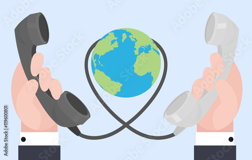 Flat illustration of two hands with old phones, wire connections. Communication at a distance.