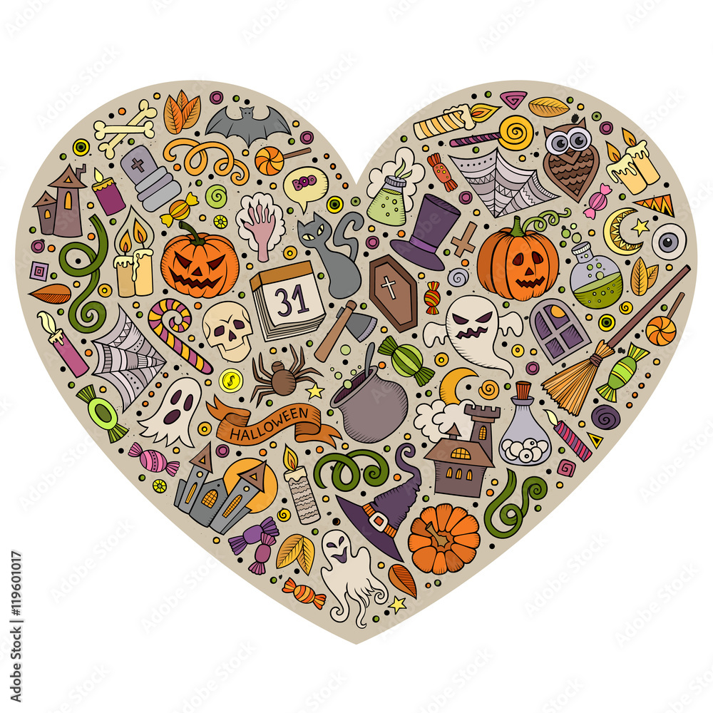 Fototapeta premium Colorful vector set of Halloween cartoon doodle objects, symbols and items