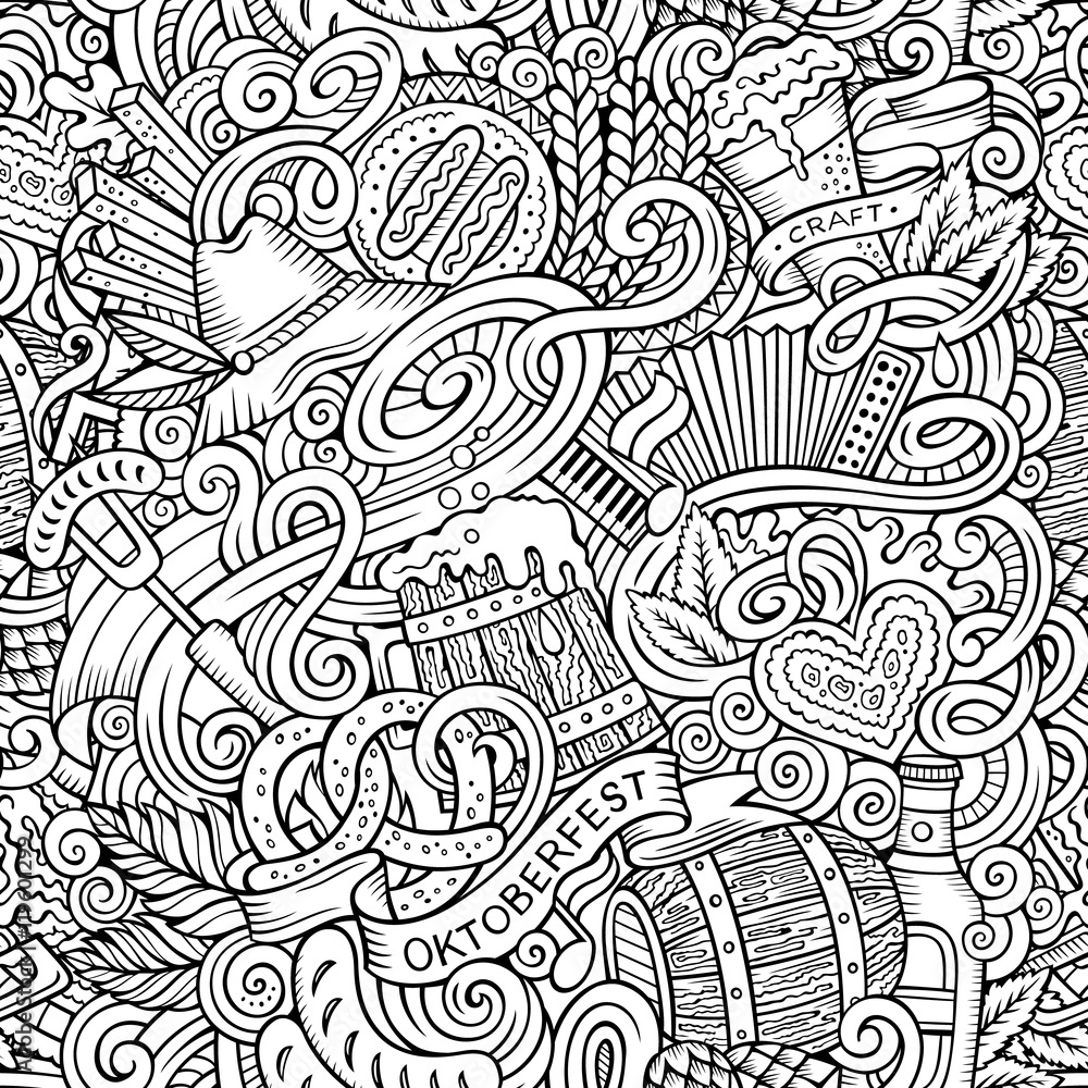 Fototapeta premium Cartoon cute doodles hand drawn Octoberfest seamless pattern