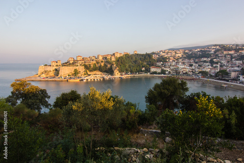 Sunrise landscape of small old town Ulcinj in Montenegro at adriatic sea