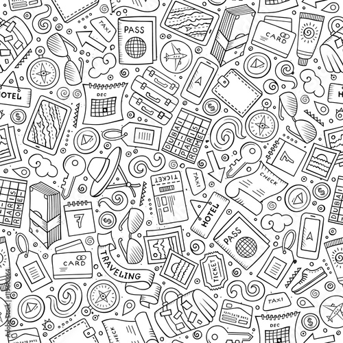 Cartoon Traveling seamless pattern with lots of objects