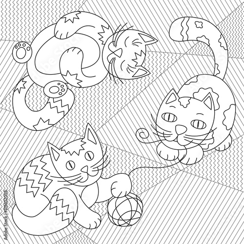 Cute Cats playing with clew on striped carpet - coloring page for kids or adult. Black and white funny cats vector illustration.
